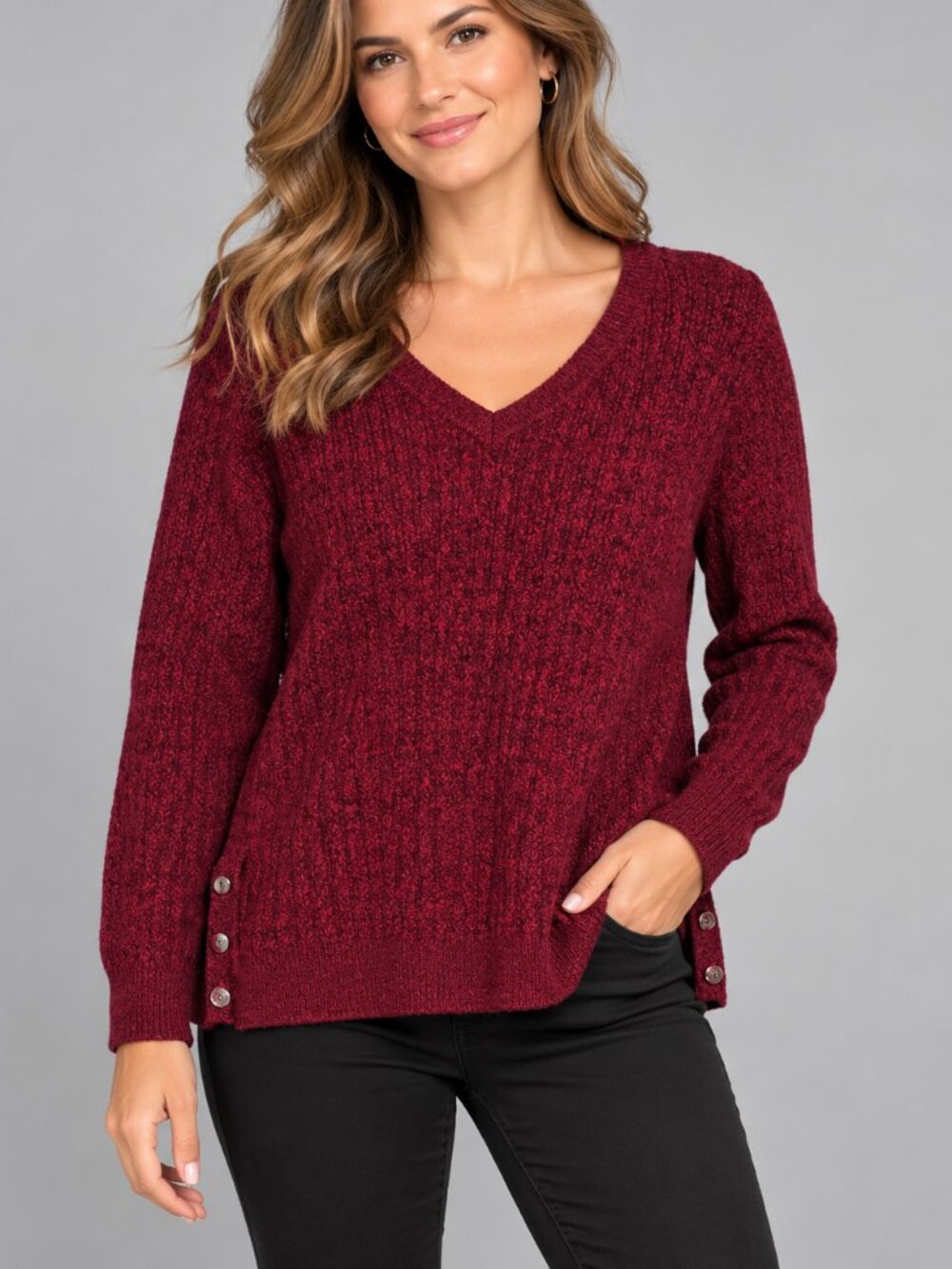 Karen Scott, Soft & Textured Burgundy Marled Cotton V-Neck Sweater XL